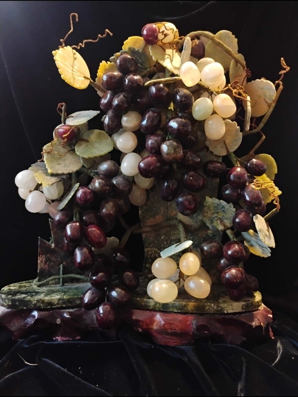 Vintage Granite Stone and Glass Bead Grape Tree Sculpture - Yellow,Green, Purple